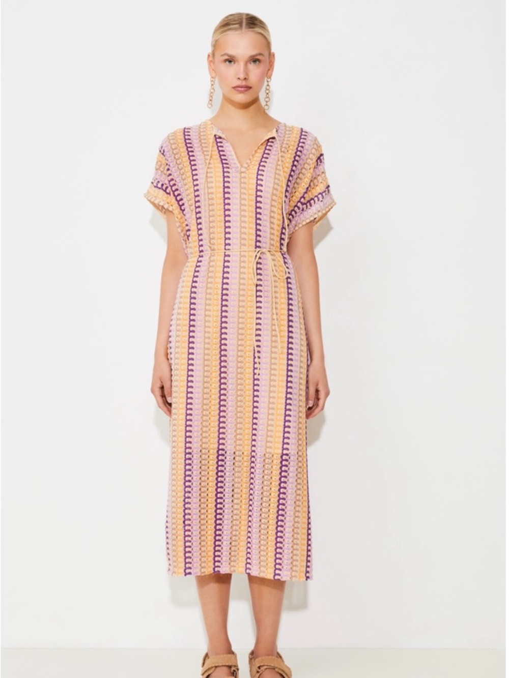 SUNCOO Striped Crochet Maxi Dress in Pink and Purple